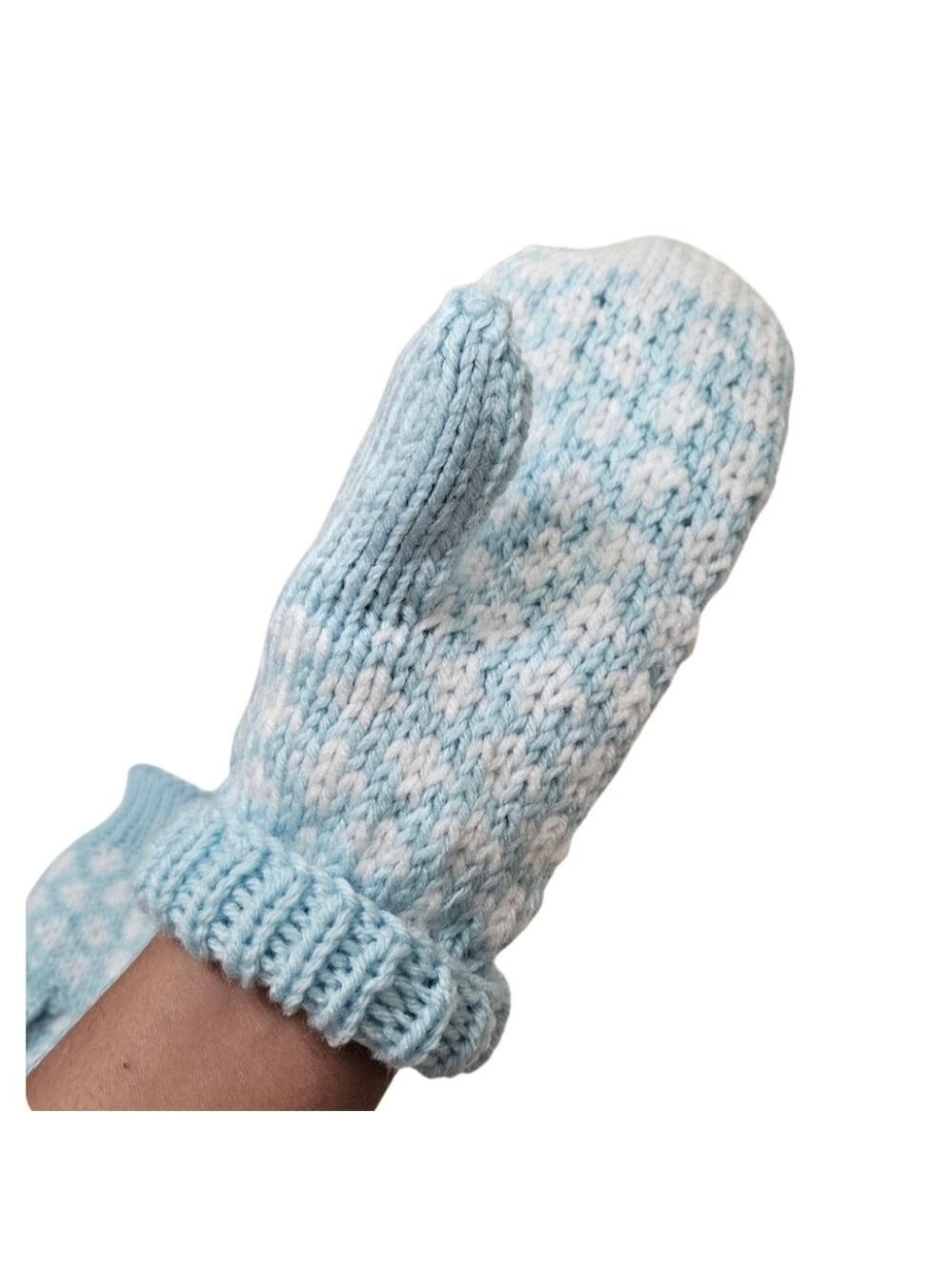 Hand Crafted Crochet Mittens Heart Design Ribbed Trim One-of-a-Kind Blue White